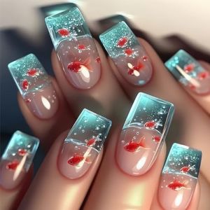 Lot de 24 faux ongles carrés brillants à presser avec motifs de poisson, faciles à appliquer pour femmes et filles, pour fête, quotidien, salon de beauté - Faux ongles réutilisables (六蝶云, neuf)