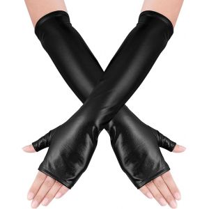 Noir Gants en Cuir Verni, Long Gants en Cuir Sans Doigts, Gantss Extraterrestres Sans Doigts, Gant Simili Cuirs Long pour Femme, Gant de D&eacute;guisement pour Carnaval, Cosplay, Halloween, Bals Masqu&eacute;s (Clorisun Image CO Limited, neuf)