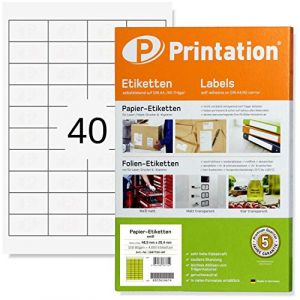 Printation &Eacute;tiquettes Autocollantes 48,5 x 25,4 mm, 4000 &Eacute;tiquettes d'Adresse, 40 Autocollant par Feuille, Feuille Autocollante Imprimante A4 / Papier Autocollant Imprimante, Blanches 3657 4780 4x10 (wirhabensnoch, neuf)