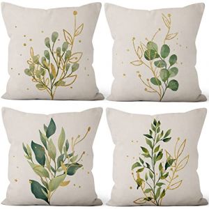 Uiiooazy Housse Coussin Eucalyptus, Taie Oreiller Feuilles Vert et Doré Plante Velours Housse de Coussin Décoratif Taie d'oreiller de Canapé Housse de Coussin pour Lit Salon Maison, Lot de 4, 50x50cm (dongguibinjingpinxiaodianpu, neuf)
