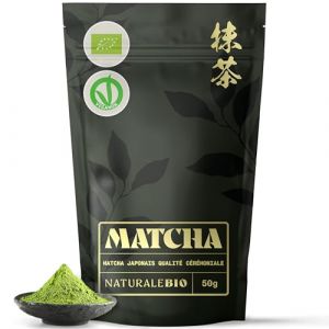 NaturaleBio Thé Vert Matcha Bio en Poudre. Grade Cérémonial, 50g. Produit au Japon, Uji, Kyoto. Idéal avec du lait ou pour la Cérémonie du Thé. Sans Sucres Ajoutés ni Conservateurs. (NaturaleBio, neuf)