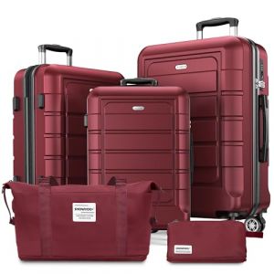 SHOWKOO Set de 5 Valise Rigide de Voyage Légère PC+ABS Extensible Durable Trolley Sets de Bagages Cabine avec Trousse de Toilette et Sacs de Voyage, Rouge (USA Travels, neuf)