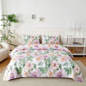 Parure De Lit 120x190/200 cm en Microfibre, Ensemble de Draps 3 Pièces Imprimée, Drap Housse Ajustable 120x200 cm cm, Drap Plat 1 Personne 180x250 cm et 1 Taie d'oreiller 50x80, Voyage Fleur Violet (Trame Italiane, neuf)