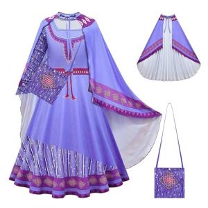 YOSICIL Costume de princesse Asha Wish Costume de princesse Asha Wish pour fille Robe de princesse Asha Wish avec sacs/Cantele pour enfants Anniversaire, Halloween, Fête, Cosplay,violet 140 (YOSICIL., neuf)