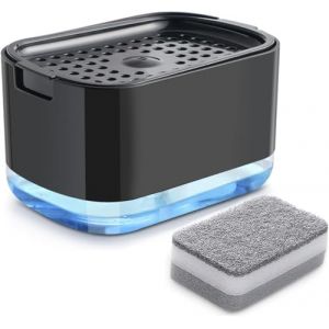 Collazoey Distributeur de Liquide Vaisselle de Cuisine, Distributeur de Savon 2 en 1, Distributeur de Savon à Pompe avec Porte-éponge, Distributeur de détergent Rechargeable (Noir) (Kouri Store, neuf)