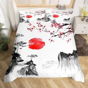 Ensemble de literie Ukiyo - e Japonais Sakura Rouge soleil Housse de Couette 140x200cm Enfants Garçons Filles Encre style Japonais Parure de Lit style exotique Literie set avec 1 taie d'oreiller (Bofanshangmao, neuf)
