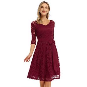 KOJOOIN Robe en dentelle pour femme - Robe de demoiselle d'honneur - Élégante longueur genou - Pour cocktail (emballage multi-directions), Bordeaux à manches longues., S (KOJOOIN, neuf)
