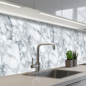 KitchenYeah© Crédence Cuisine À Coller 80x300 cm Protection Plaque De Cuisson Adhesif Plastique Rigide Dalle Murale Mosaïque - Marbre - Blanc - Irrégulier (KitchenYeah, neuf)