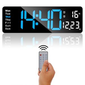 ALEENFOON Horloge murale num&eacute;rique, grande horloge num&eacute;rique de 13 pouces avec t&eacute;l&eacute;commande, r&eacute;veil num&eacute;rique avec 2 alarmes/temp&eacute;rature/date/heure/luminosit&eacute; r&eacute;glable/compte &agrave; rebours (Bleu) (Aleenfoon-EU, neuf)