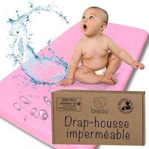 Bisoo Drap Housse 50x95 / 50x100 Impermeable - Drap Housse Alese Protege Matelas Bebe pour Tour de Parc et Lit Bebe - 100% Jersey Oeko-Tex - 1 Drap Impermeable Rose 95x50 / 100x50 CM (Bisoo LLC, neuf)