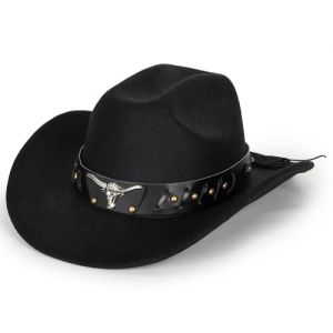 HilyBony Chapeau de cowboy occidental pour femmes et hommes - Chapeau Fedora classique &agrave; large bord avec boucle de ceinture, Ruban noir, L (wodege, neuf)