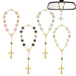 4Pi&egrave;ces Ornements de Voiture, Chapelet Catholique en Forme de Croix pour R&eacute;troviseur de Voiture Chapelet de Bapt&ecirc;me Chapelet Miroir de Voiture R&eacute;troviseur Ornements D&eacute;coration Charme Voiture Suspendu (Mxcwir EU, neuf)