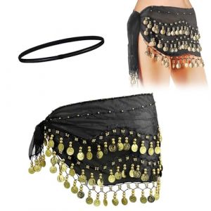 Rakiuty Ceinture Foulard Danse Orientale Sequins Attache Ferme,Foulard à Sequins en Mousseline Soie Danse,Ceinture Danse Orientale,Fille Foulard Danse du Ventre,avec 1 Ceintures de Tête,Noir (Deppr, neuf)