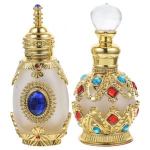 Toyvian Lot de 2 Flacons de Parfum de Voyage en Verre Cristal 15Ml &ndash; Bouteille Rechargeable Dor&eacute;e Sph&eacute;rique Bouteille Bleue D&eacute;cor Pierre &ndash; Flacon Portable pour Huiles Essentielles et (TXINNG, neuf)