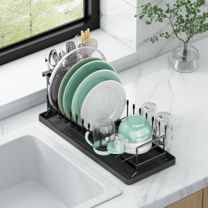 Aufworld &Eacute;gouttoir &agrave; Vaisselle Compact avec Tapis de S&eacute;chage Silicone - Rack de S&eacute;chage Acier Inoxydable, Range-Ustensiles et Gain de Place pour Cuisine, Camping-Car et Studio (Plan de Travail) (Homie Group, neuf)