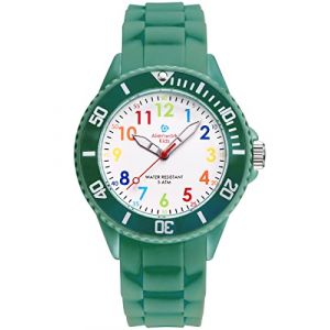 Alienwork Kids Montre P&eacute;dagogique Apprendre l'Heure Enfants Gar&ccedil;on Fille Arm&eacute;e Verte Bracelet en Silicone Multicolore Enfants R&eacute;sistant &agrave; l'eau 5 ATM Temps d'apprentissage (?Alienwork, neuf)