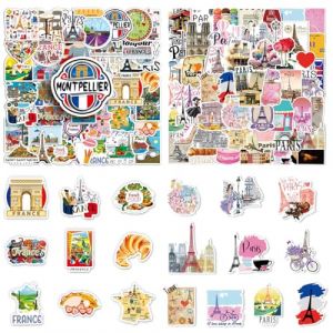 2 X 50 Pi&egrave;ces France Voyage Autocollants en Vinyle Imperm&eacute;ables, de Paris de Voyage Vintage pour Bouteille d'Eau Ordinateur Portable Bagage Scrapbooking Valise &agrave; Journaux, souvenirs de Paris Souvenir (ROBFLOR MARKET CARS, neuf)