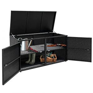 GOPLUS Coffre de Jardin Exterieur en Rotin PE avec 2 &Eacute;tag&egrave;res, Bo&icirc;te de Rangement Exterieur avec Couvercle &agrave; Charni&egrave;re et 2 Portes, Malle de Rangement avec Patins Antid&eacute;rapant (Noir,115x60x65cm|335L) (Augenstern24, neuf)