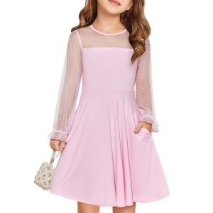 Haloumoning Robes Filles Robe de Princesse Festive Enfants Maille Contrast&eacute;e Manches Longues Bouffantes Robes d'&Eacute;t&eacute; &Eacute;l&eacute;gantes Ligne A Col Rond Robe de F&ecirc;te avec Poches pour 6-14 Ans, Rose, 7-8 ans (Zecio, neuf)