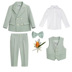 6 Pi&egrave;ces Ensemble de Costumes de Gar&ccedil;ons,Gentilhomme Tenues de Smoking pour Enfant Gar&ccedil;on Blazer+Pantalon+Gilet+Chemise+Noeud Papillon+Broche,Costume Formel pour Mariage F&ecirc;te C&eacute;r&eacute;monie Gr&uuml;n B 6-7 Ans (GuoCu, neuf)