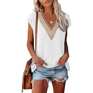 GRMLRPT Chemise Femme D'Été Élégant Chemisiers Découpes Col en V Manches Courtes Casual T-Shirt Mode Épaules Dénudées Shirt Blouse Couleur Unie Ample Casual Hauts Tops Tunique(Blanc,S) (HEERDE-EU, neuf)