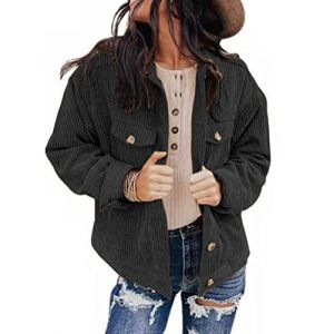 ORANDESIGNE Veste Femme Chic et Elegant Mi Saison Velours Côtelé Chemisie Vintage Leger Blouson Jacket Hiver Printemps Surchemise Cardigan Coat Manteau avec Poches Noir L (ORANNER EU, neuf)