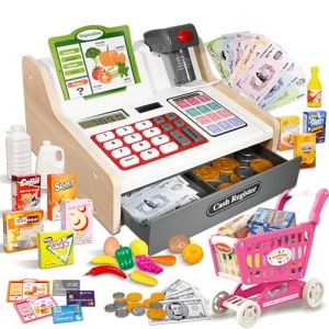 HILKKET Bois Caisse Enregistreuse Enfants avec Scanner, Son, Vraie Calculatrice, Caisse Enregistreuse Jouet Set avec Caddie Enfant, Accessoires pour Boutique, Jeu de R&ocirc;le Marchande Enfants de 3+ Ans (Textile knot OU, neuf)