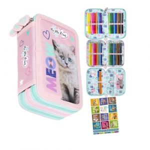 Goldkids - Trousse &agrave; 3 compartiments - Trousse pour filles et gar&ccedil;ons - Trousse &agrave; 3 compartiments - Trousse remplie - Trousse d'&eacute;colier et cahier de devoirs, Chat 2, 3-f&auml;hig, Trousse &agrave; crayons (Goldkids, neuf)