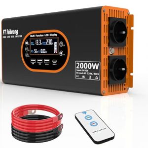2000W Convertisseur 12V 220V Pur Sinus Onduleur,transformateur 12v 220v avec 2 Prises CA, Port USB, T&eacute;l&eacute;commande sans Fil, &eacute;cran LCD, pour Les Syst&egrave;mes Solaires, Voiture, Camping,Voyage, Caravane (FT feiteeng, neuf)