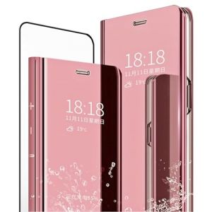 MLOTECH Coque pour Samsung Galaxy A33 5G étui+ Verre trempé Flip Clear View Translucide Miroir Cover Standing 360°Housse Antichoc Smart Cover Bumper Or Rose (MLOTECH, neuf)