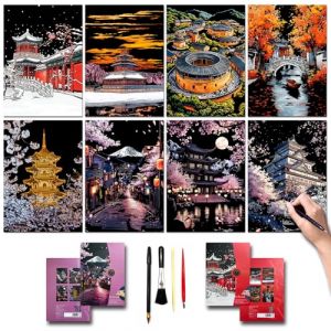 SiYear Lot de 8 feuilles de papier de peinture à gratter pour adultes et enfants, série monument, scène de nuit, tableau à gratter, cadeau créatif, gravure en feuille d'aluminium avec 4 outils (série (charhoo, neuf)