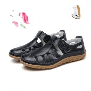 POIQZXDS Sandales rétro plates en cuir véritable antidérapant pour femme, sandales d'été à bout fermé, creux, confortables, souples et réglables avec sangle de cheville (noir, 38) (fuduoduo、, neuf)