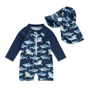Loalirando Maillot de Bain Enfant B&eacute;b&eacute; Gar&ccedil;on de 2 Pi&egrave;ces Anti-UV, Combinaison Zipp&eacute; &agrave; Manches Longues Imprim&eacute; + Chapeau &agrave; Large Bord (Bleu Fonc&eacute;, 2-3 Years) (Biu-clothing, neuf)
