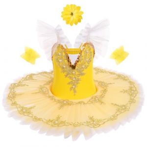 IDOPIP Robe Ballet Enfant: Tutu Danse Classique Fille Justaucorps Danse Fille Ballerine Costumes Paillettes Broderie sans Manches Plateau Tutu - Spectacle De Ballet Danse Jaune 110 (BXH, neuf)