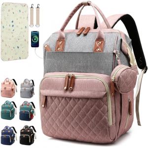 SHITIESHOU Sac à dos à langer pour bébé, fille, garçon, sac à langer pour papa, maman, avec coussinet, 16 poches, étui à tétine, grand sac à langer unisexe pour voyage (rose gris) (shanghuimaoyi123, neuf)