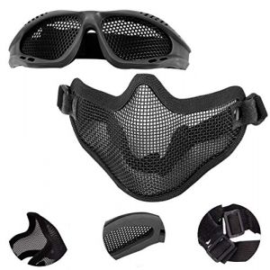 EMAGEREN Airsoft Ensemble Masque et Lunettes Noir Masque Demi Visage Masque Outdoor Protection L'oreille Airsoft Masque Confortable Ajustable pour Chasse COS CS Activité au Dehors Ado Adulte Cadeau (DANITEKS, neuf)