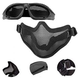 EMAGEREN Airsoft Ensemble Masque et Lunettes Noir Masque Demi Visage Masque Outdoor Protection L'oreille Airsoft Masque Confortable Ajustable pour Chasse COS CS Activité au Dehors Ado Adulte Cadeau (YELLOW DUCK COMERCIO SL, neuf)