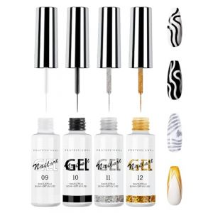 4pcs Vernis Semi Permanent kit-Or Argent Blanc et Noir Nail Gel Liner,French Manucure UV Couleur Gel Paillettes Polish Pour la Peinture Au Trait,Nail Art Ongles Kit Pour DIY Nail Art et Manucure Salon (GZST-EU, neuf)