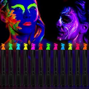 Strehknewen 12 Couleurs Neon UV Maquillage Enfants Set Maquillage Stylo Lavable Maquillage Pen & Couleurs Corps Couleur Corps pour Halloween Carnaval UV Body Painting Maquillage (Winning Streakwen Etrade Kft., neuf)