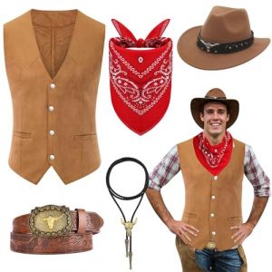 Saier tbo 5 Pi&egrave;ces Cowboy Costume Accessoires pour Hommes, Western Cowboy Fancy Dress Set avec Chapeau Gilet Bandana Bolo Boucle Ceinture Collier pour Carnaval Cosplay Fantaisie (Qi ShiPengDeshop, neuf)