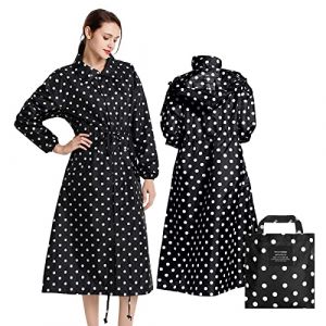 SOPPY Manteau de pluie pour femme, long imperm&eacute;able et l&eacute;ger &agrave; capuche pour femme, randonn&eacute;e, voyage, plein air, Pois noirs., X-Large (XuanYi Store, neuf)