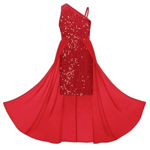 GRACE KARIN Robe &agrave; Paillettes pour Filles Asym&eacute;trique sans Manches et Une &eacute;paule A-Ligne Robe de Princesse Rouge Vivant &agrave; Paillettes 14 Ans (Zexxxy, neuf)