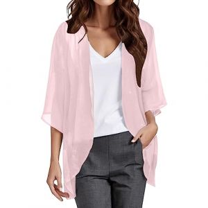 Cardigan Mousseline Boléro Femme Court Soie Gilet Été Chic et Elegant 3/4 à Manches Évasées Boléro Veste Léger Plage Châle pour Robe T Shirt Décontracté Soirée Cérémonie Cardigan Manches Longues (UoUa1245, neuf)