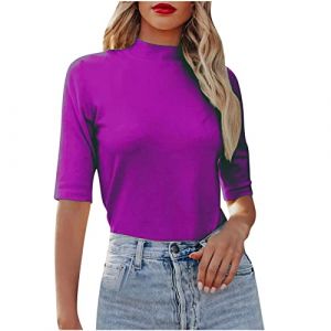 Pull Femme Élégant Manches Courtes T-Shirt Été À 1/2 Bras avec Col Montant Couleur Uni Élastique T-Shirt À Col Roulé en Coton Basique Tops Chemisier Slim Fit Chemise Pas Cher (⭐⭐⭐⭐⭐Zeiayuas, neuf)