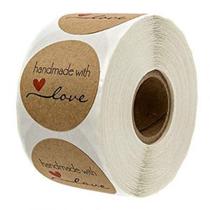 VOANZO 1000pcs Kraft Fait &agrave; la Main avec Amour Rond Cuisson Autocollant &eacute;tiquette autocollante Ronde Faite &agrave; la Main Autocollants adh&eacute;sifs &eacute;tiquettes Rouleau d&eacute;cor pour Cadeaux Faits Maison (VOANZO EU, neuf)
