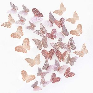 JUNI-H 36 Pi&egrave;ces 3D Papillons D&eacute;coratifs Papillon Autocollants Muraux DIY Art Stickers Chambre B&eacute;b&eacute; D&eacute;cor Stickers Amovible D&eacute;coratifs Papier Peint Muraux (Rose Rouge) (YWQHuiYang, neuf)