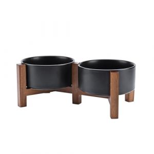 SPUNKYJUNKY Gamelle pour Chien en céramique Double gamelle surélevée avec Support en Bois d'acacia pour Chats et Chiens (850 ML, Noir) (Elf Corner, neuf)