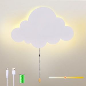 KZT Applique murale LED avec interrupteur &agrave; tirette, nuage, pour chambre d'enfant, &agrave; piles, rechargeable par USB, 3 couleurs, r&eacute;glable, veilleuse pour chambre de b&eacute;b&eacute;, chambre &agrave; coucher, jardin (Partn, neuf)