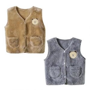 ACMEDE 2pcs Gilet en Polaire Bébé Garçons Filles 9 12 18 24 mois Hiver Manteaux sans Manche 3 4 5 ans Gilet à motif d'ours Blouson Gilet Pull sans Manche Veste Manteau sans Manche sous Vêtement (Acme Co,., neuf)