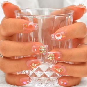 Sethexy Rose Strass Cercueil moyen Faux ongles Lune 3D Coeur Cristaux Fait &agrave; la main Faux ongles &Eacute;toile Naturel Brillant Ongles &agrave; presser Ongles de qualit&eacute; salon pour femmes et filles (I) (sethexy, neuf)